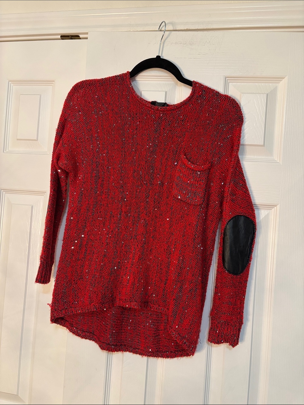 Women's Red Speckled Crewneck Sweater with Elbow Patch and Pocket